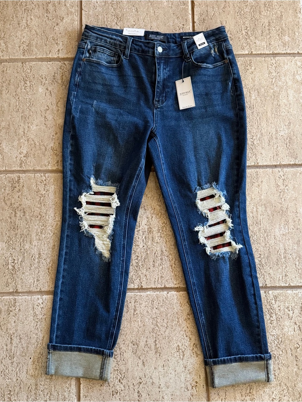 NWT Judy Blue Boyfriend Fit Distressed Mid Rise Sz 15/32 buffalo plaid dark wash